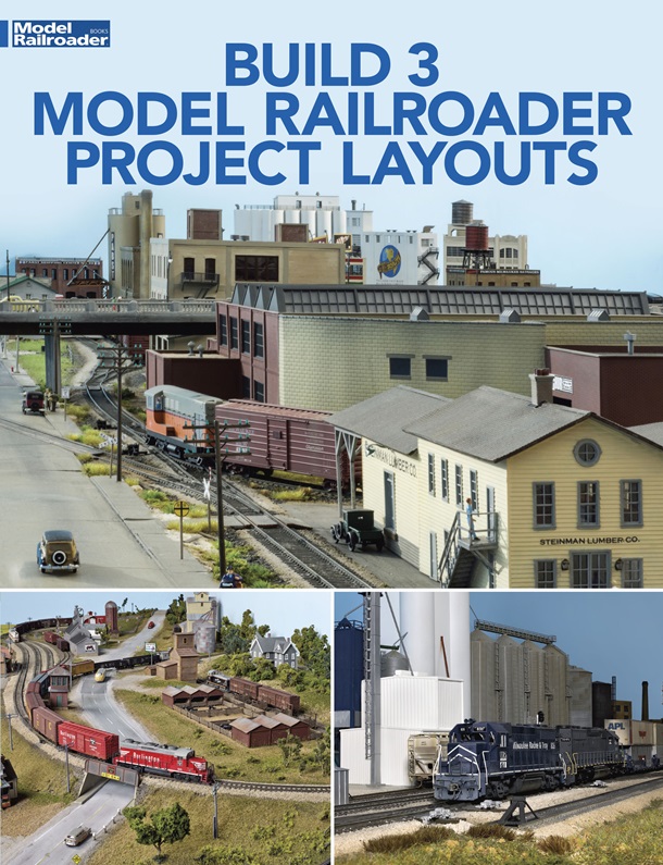 build three model railroader project layouts cover showing three photos of different layouts