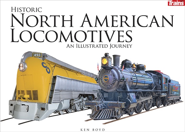 the historic north american locomotives cover with a streamlined and steam engine illustrated against a white background