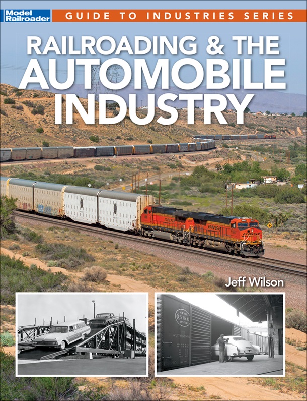 railroading and the automobile industry showing a train layout and a couple of black and white photos showing cars loading up on a train car
