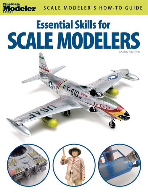 essential skills for scale modelers cover shows a model jet fighter, a tank, and a model figure