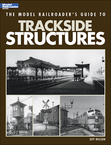 the cover showing three black and white photos of trains by varous structures